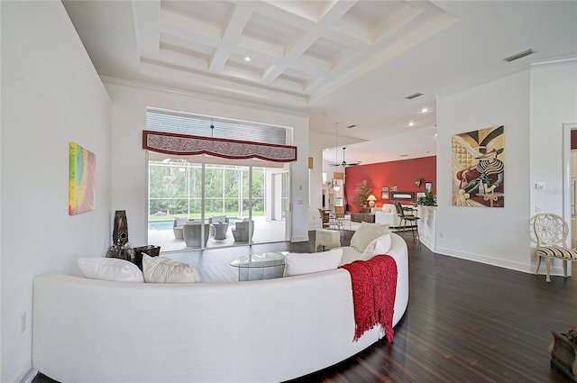 living room with beamed ceiling, dark hardwood / wood-style flooring, crown molding, and coffered ceiling