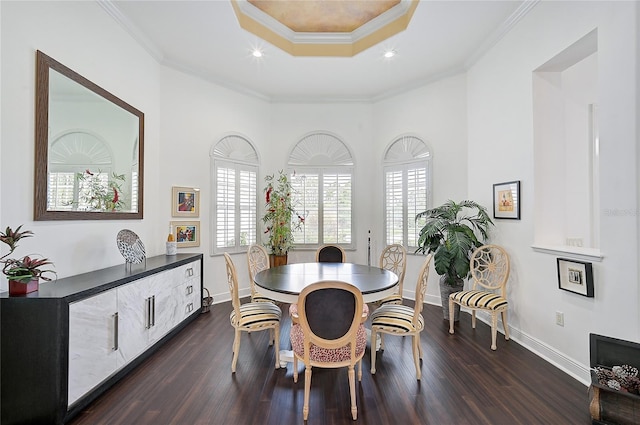 dining room with dark wood-type flooring, a raised ceiling, and ornamental molding