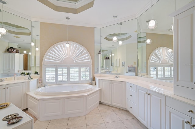 bathroom with tile patterned flooring, a bath, a wealth of natural light, and crown molding