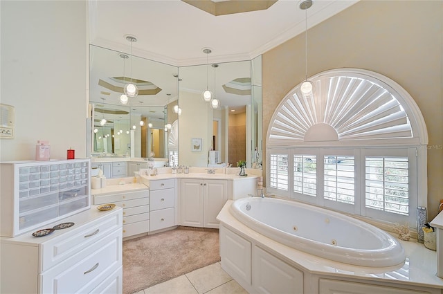 bathroom with a bathing tub, crown molding, tile patterned flooring, and vanity