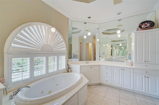 bathroom featuring tile patterned flooring, vanity, shower with separate bathtub, and ornamental molding