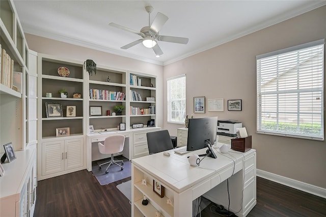 office space featuring dark hardwood / wood-style flooring, ceiling fan, and a healthy amount of sunlight