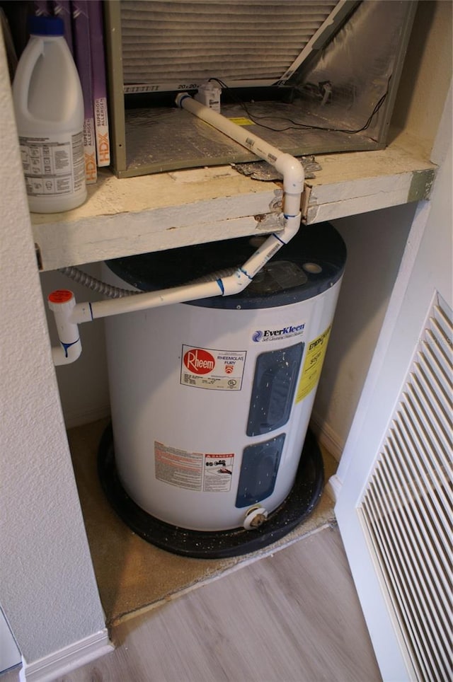 interior details with wood-type flooring and electric water heater