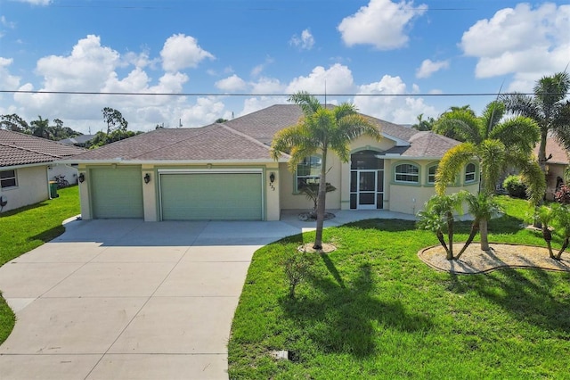 ranch-style home with a front yard, driveway, a shingled roof, stucco siding, and a garage