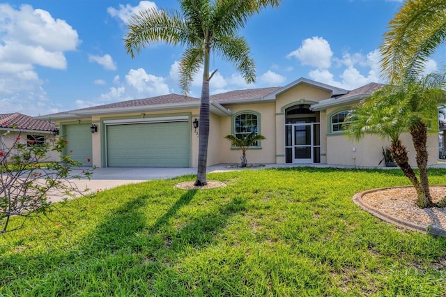 ranch-style home with stucco siding, an attached garage, driveway, and a front yard