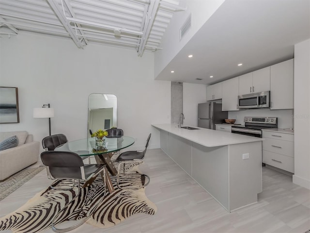 kitchen with kitchen peninsula, white cabinetry, sink, and appliances with stainless steel finishes