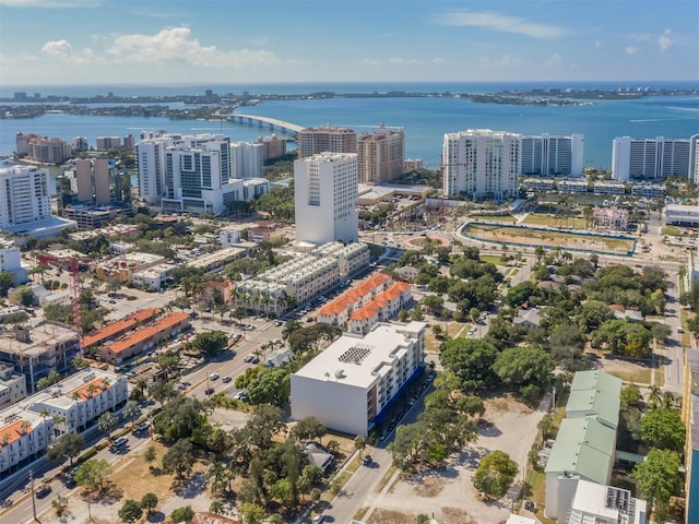 drone / aerial view with a water view