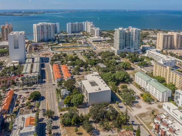 drone / aerial view featuring a water view