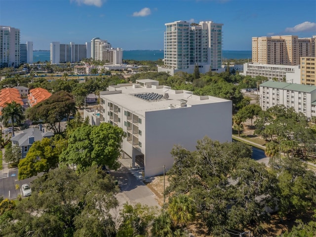 bird's eye view with a water view