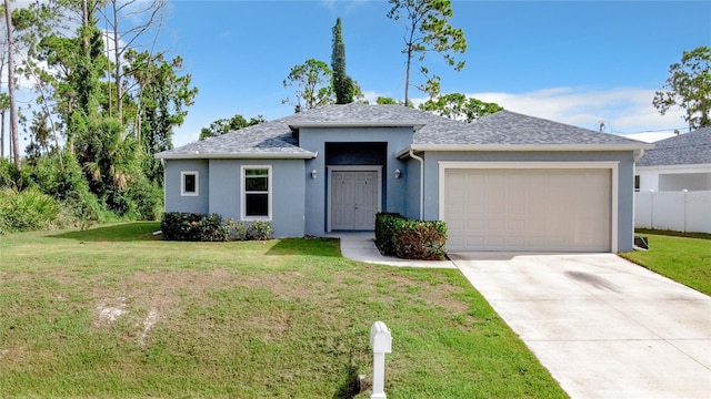 single story home featuring a front lawn and a garage