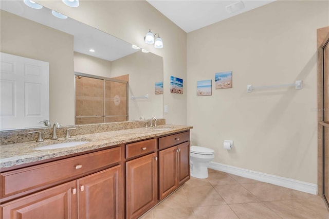 full bathroom featuring tile patterned floors, toilet, a shower stall, and a sink