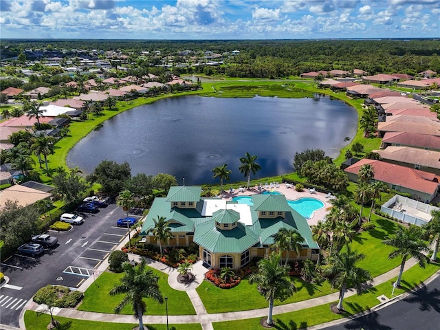 aerial view featuring a water view