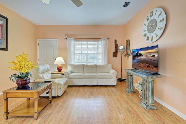 living room featuring hardwood / wood-style floors and ceiling fan