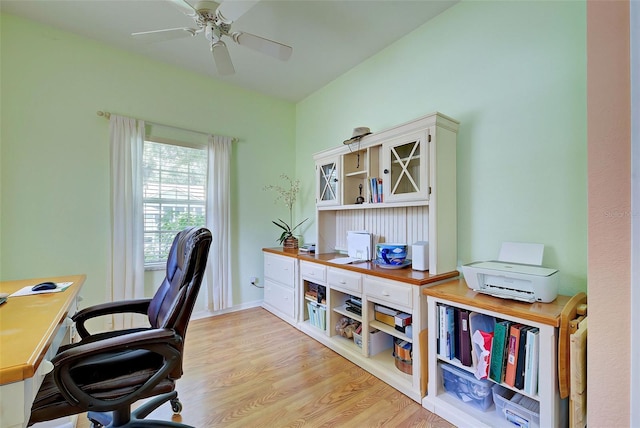 home office with ceiling fan and light hardwood / wood-style floors