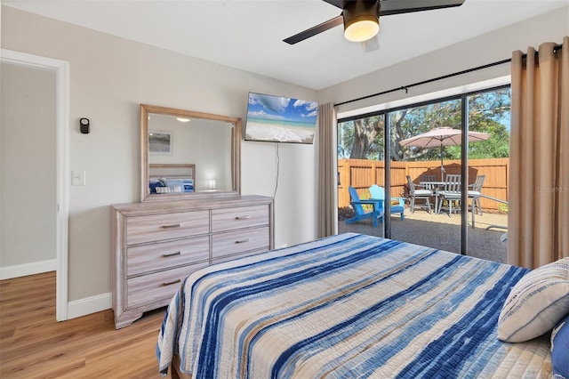 bedroom featuring ceiling fan, access to outside, and light hardwood / wood-style flooring