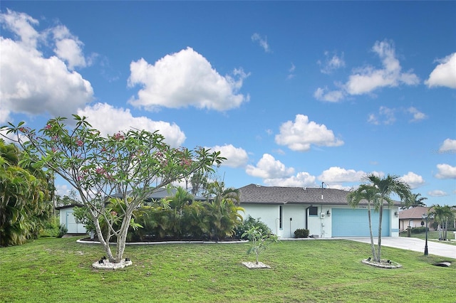 ranch-style home with a garage and a front lawn