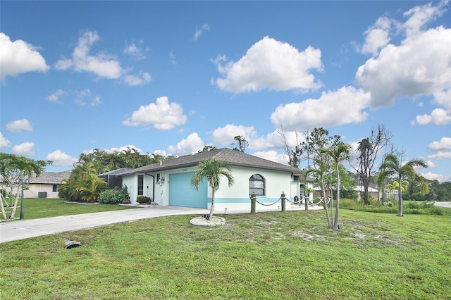 single story home featuring a garage and a front lawn