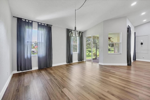 interior space with vaulted ceiling, a wealth of natural light, a textured ceiling, and wood-type flooring