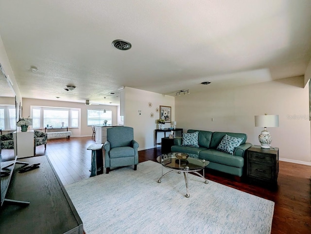 living room with dark hardwood / wood-style flooring