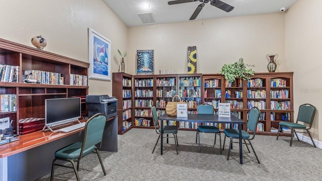 office area featuring ceiling fan and carpet