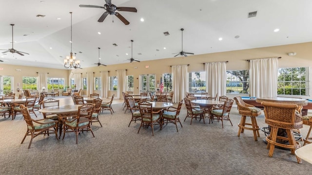 dining room with high vaulted ceiling, carpet floors, visible vents, and recessed lighting