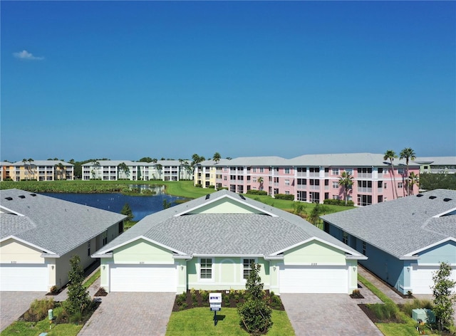 birds eye view of property with a water view