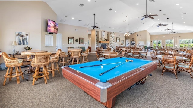 rec room with ceiling fan, carpet flooring, pool table, and high vaulted ceiling