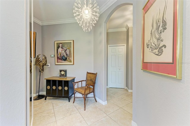 corridor featuring crown molding, light tile patterned flooring, and an inviting chandelier