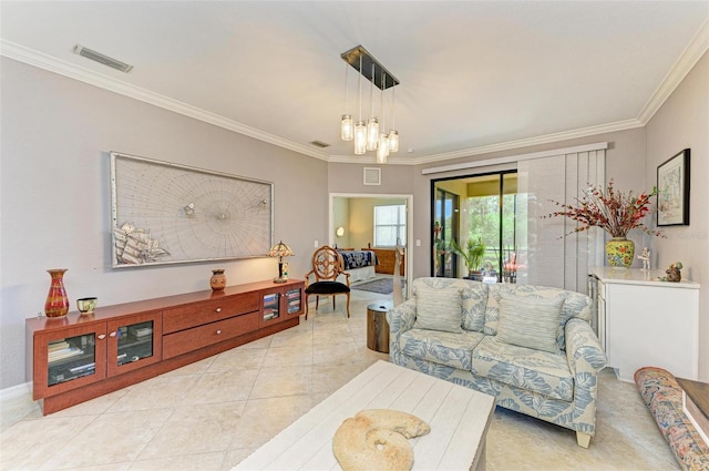 living room with an inviting chandelier, light tile patterned floors, and ornamental molding