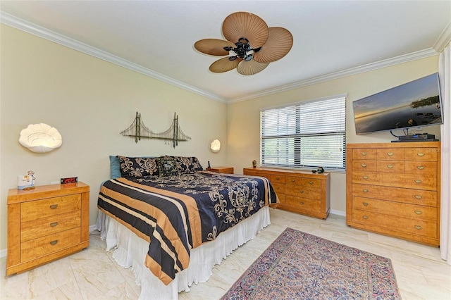 bedroom featuring ornamental molding and ceiling fan