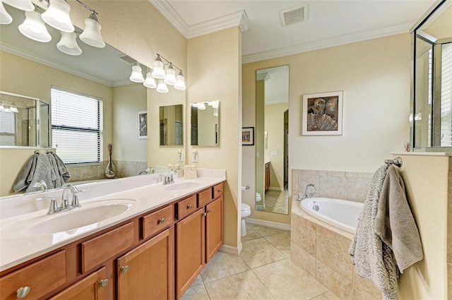 full bathroom with crown molding, vanity, tile patterned floors, shower with separate bathtub, and toilet