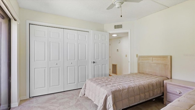 bedroom featuring visible vents, a closet, and ceiling fan