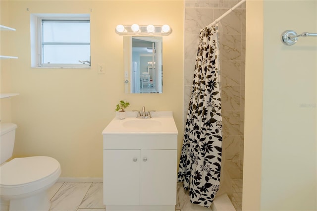 bathroom featuring toilet, vanity, baseboards, marble finish floor, and a shower stall