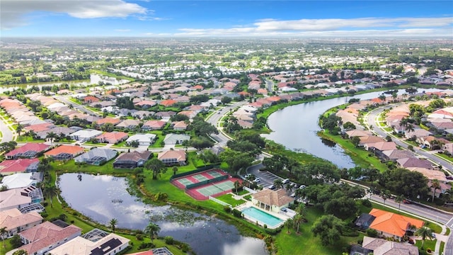 aerial view featuring a water view