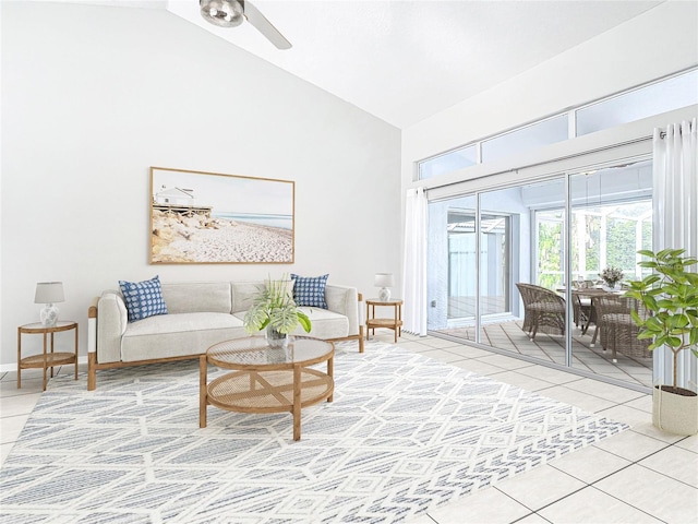 tiled living room with ceiling fan and high vaulted ceiling