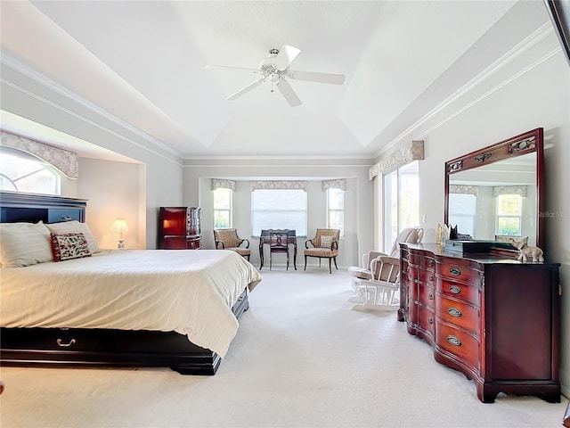 carpeted bedroom featuring ceiling fan and a tray ceiling