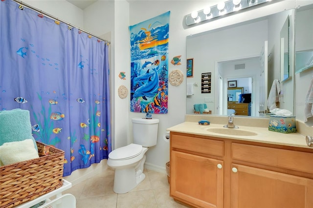 full bath featuring visible vents, vanity, toilet, and tile patterned floors