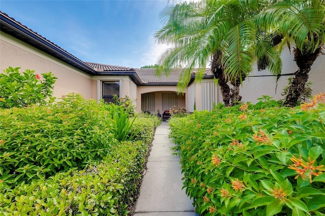 doorway to property with fence, a tiled roof, and stucco siding