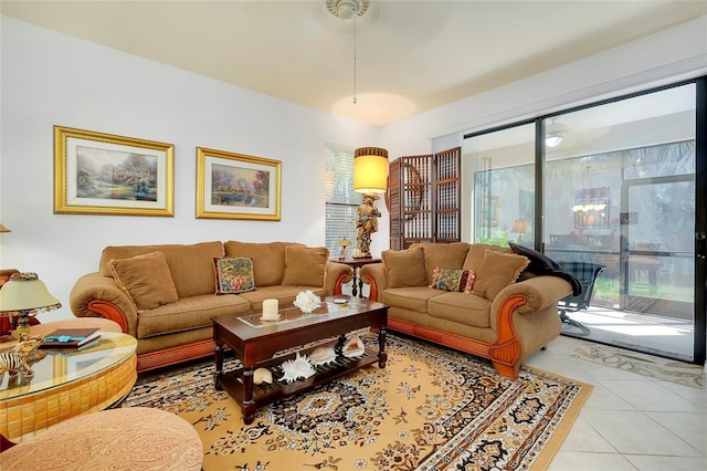 living area featuring light tile patterned floors