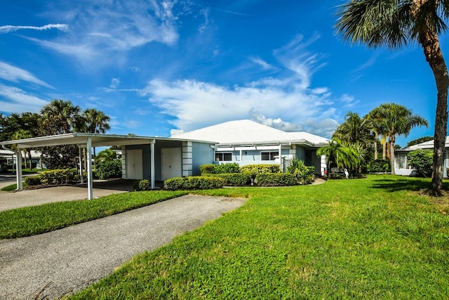 ranch-style home with a carport and a front yard