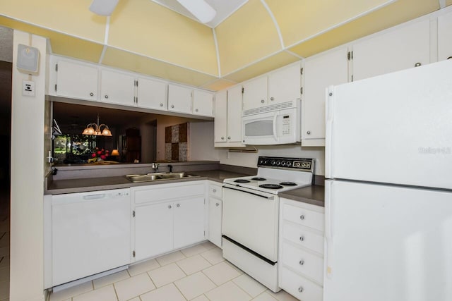 kitchen featuring white cabinetry, ceiling fan, white appliances, sink, and light tile patterned floors