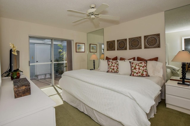 bedroom with access to outside, ceiling fan, a textured ceiling, and light colored carpet