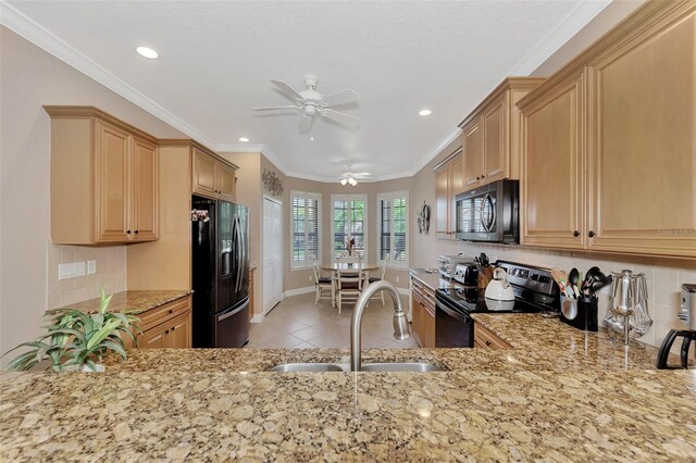 kitchen with ceiling fan, black appliances, light stone countertops, light tile patterned floors, and sink