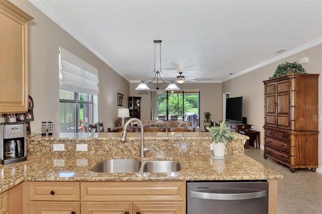 kitchen with light stone countertops, sink, stainless steel dishwasher, and ceiling fan