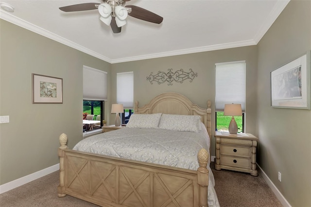 bedroom featuring carpet, crown molding, and ceiling fan