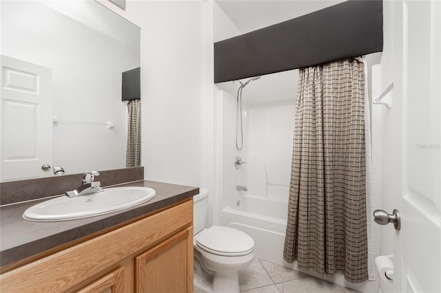 full bathroom with toilet, shower / bath combo, tile patterned flooring, and vanity