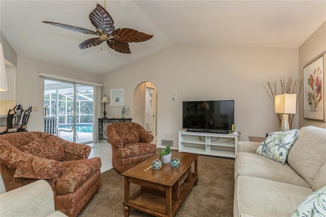 living room with vaulted ceiling and ceiling fan