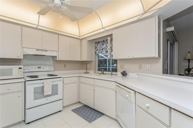 kitchen with ceiling fan, sink, white cabinets, and white appliances