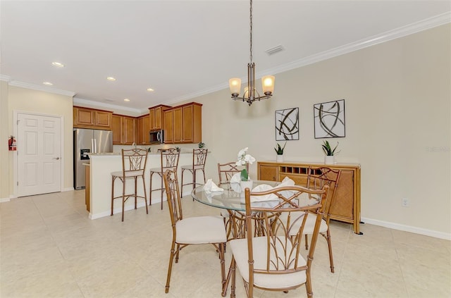 tiled dining area featuring crown molding and a notable chandelier