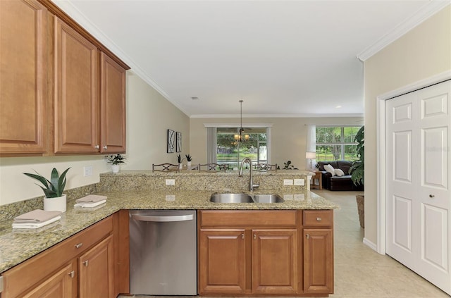 kitchen featuring dishwasher, sink, light stone counters, and kitchen peninsula